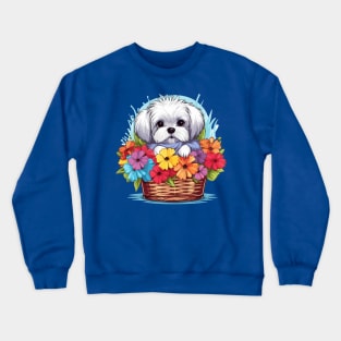 Blooming Companion: Maltese in a Basket of Flowers Crewneck Sweatshirt
